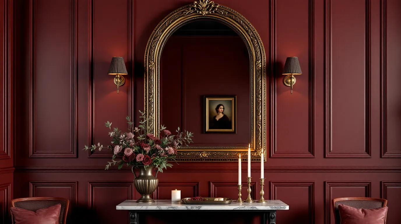 Opera aesthetic color-drenched oxblood room with brass sconces.