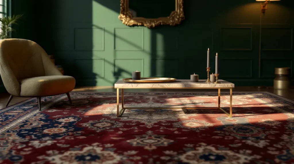 Opera aesthetic lacquer credenza with brass sconces and plum walls.