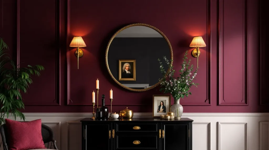 Art Nouveau mirror in an opera aesthetic entryway vignette.