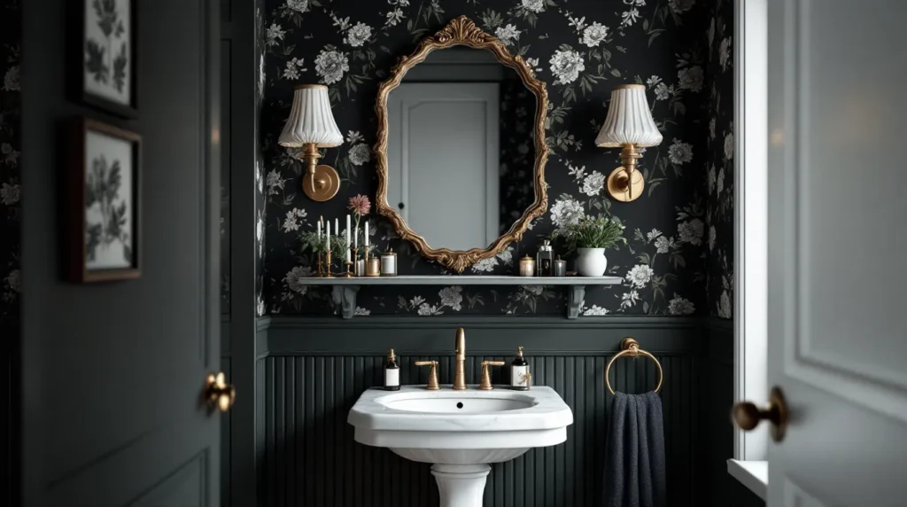 Opera aesthetic powder room with dark florals and warm brass glow.