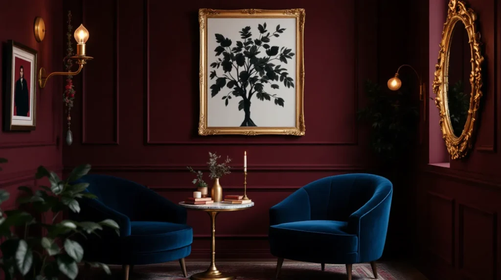 Opera aesthetic reading nook with velvet chair and brass sconce.