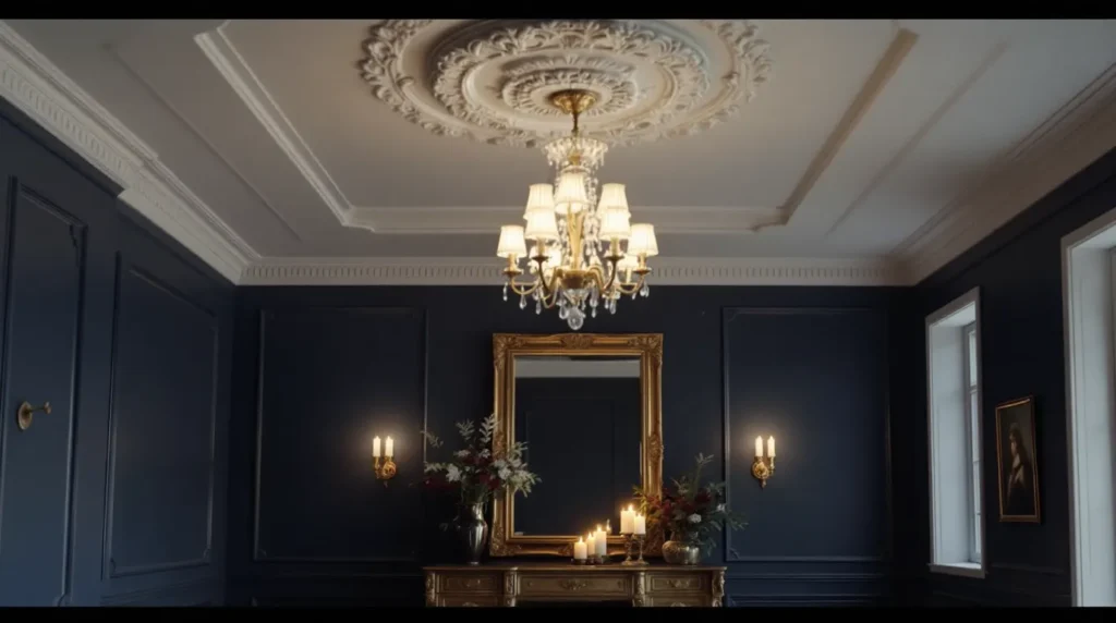 Opera aesthetic chandelier over navy walls with warm brass sconces.