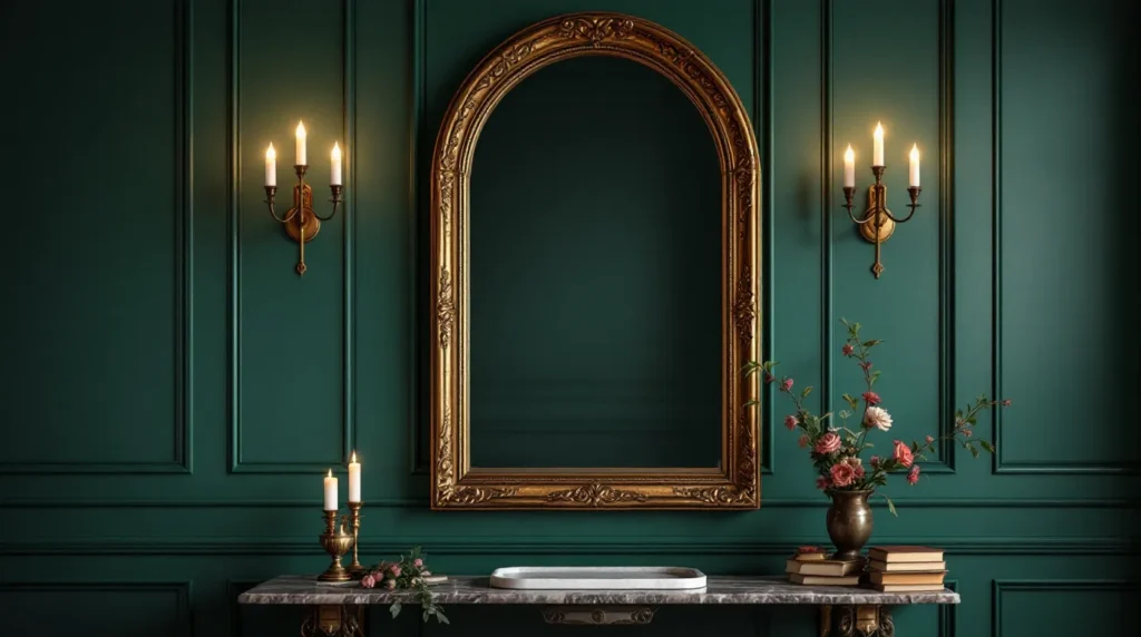 Gilded mirror vignette for opera aesthetic decor with warm glow.