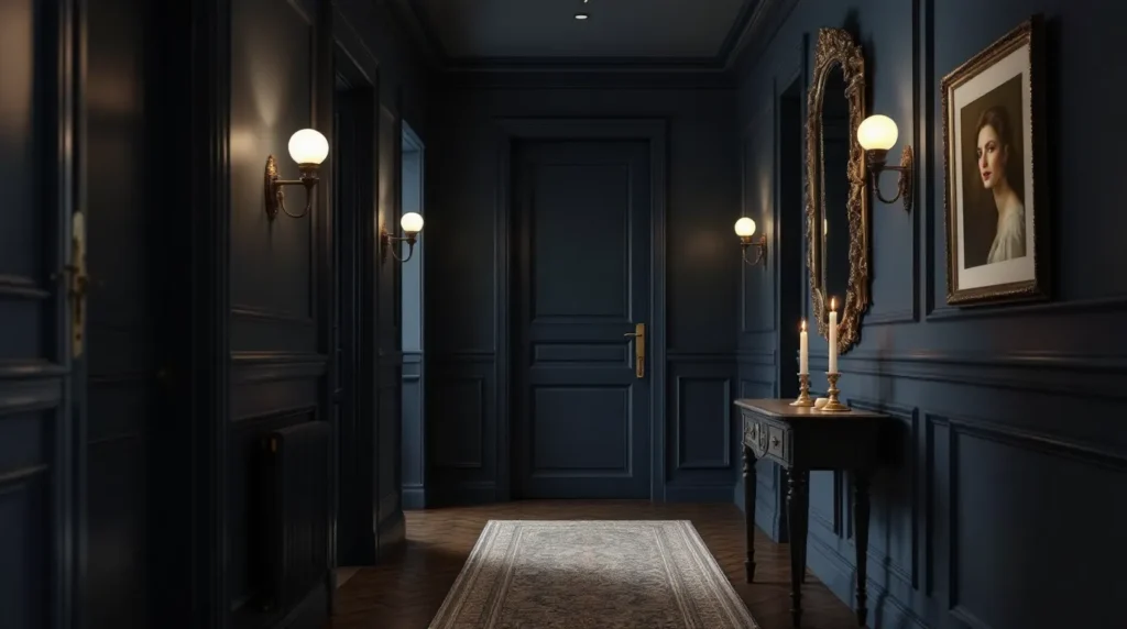Opera aesthetic hallway with boiserie molding and bronze sconces.