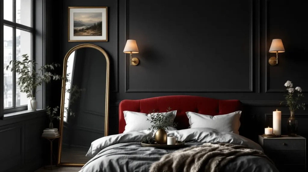 Opera aesthetic bedroom with velvet headboard and brass sconces.