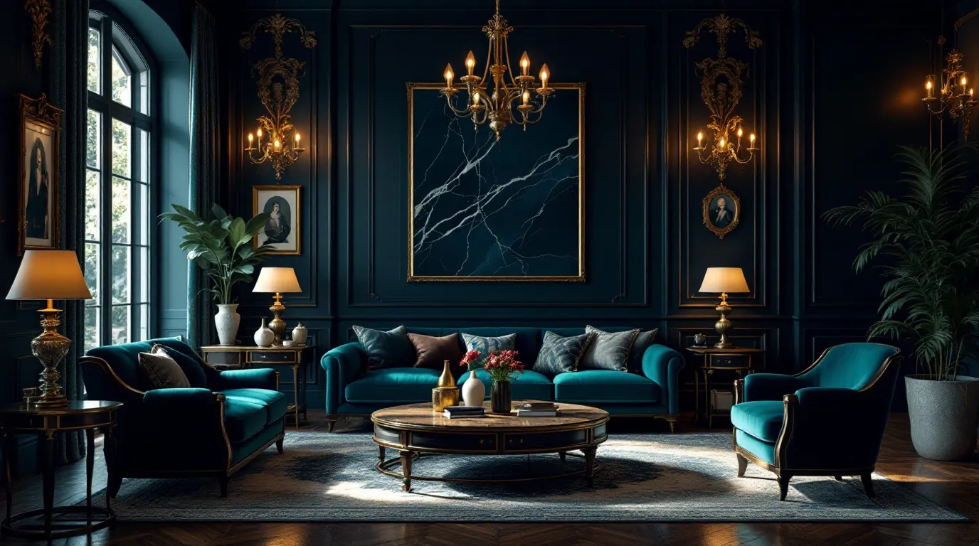 Opera aesthetic living room with velvet drapes and gilded glow.