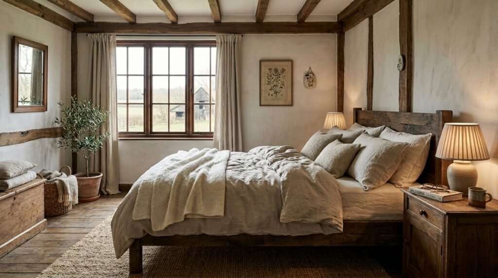 Layered neutral textiles modern farmhouse bedroom decor