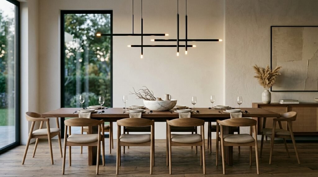 Modern linear dining room light fixture above long dining table
