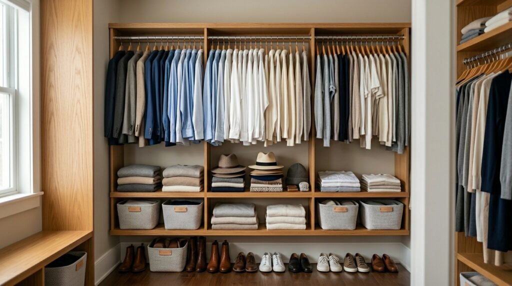 Open shelf closet organization ideas textured folded clothing display