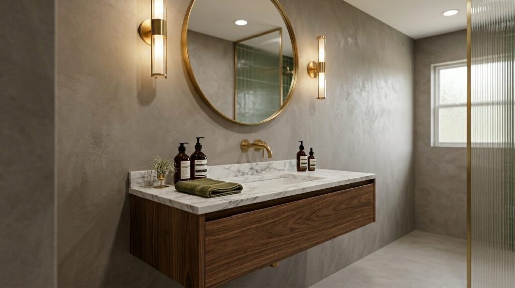 Floating vanity creating airy modern bathroom atmosphere