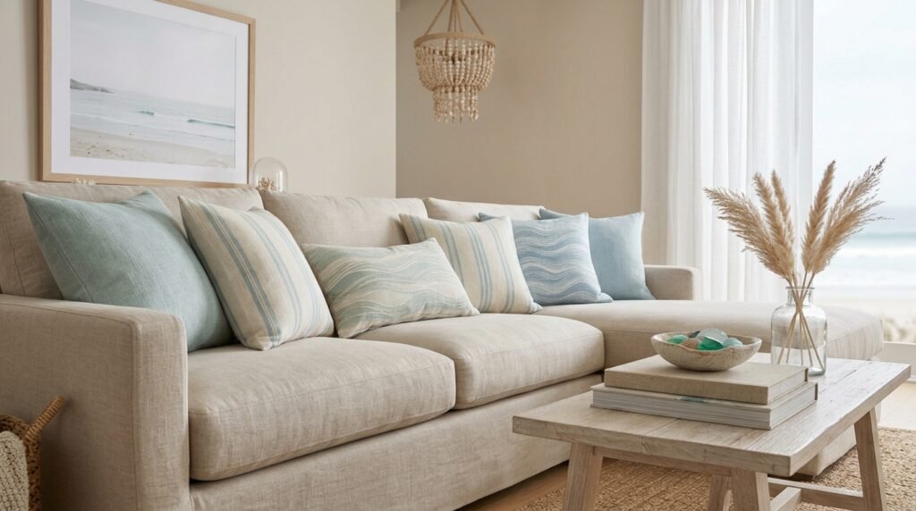 Soft coastal color palette creating calm home atmosphere